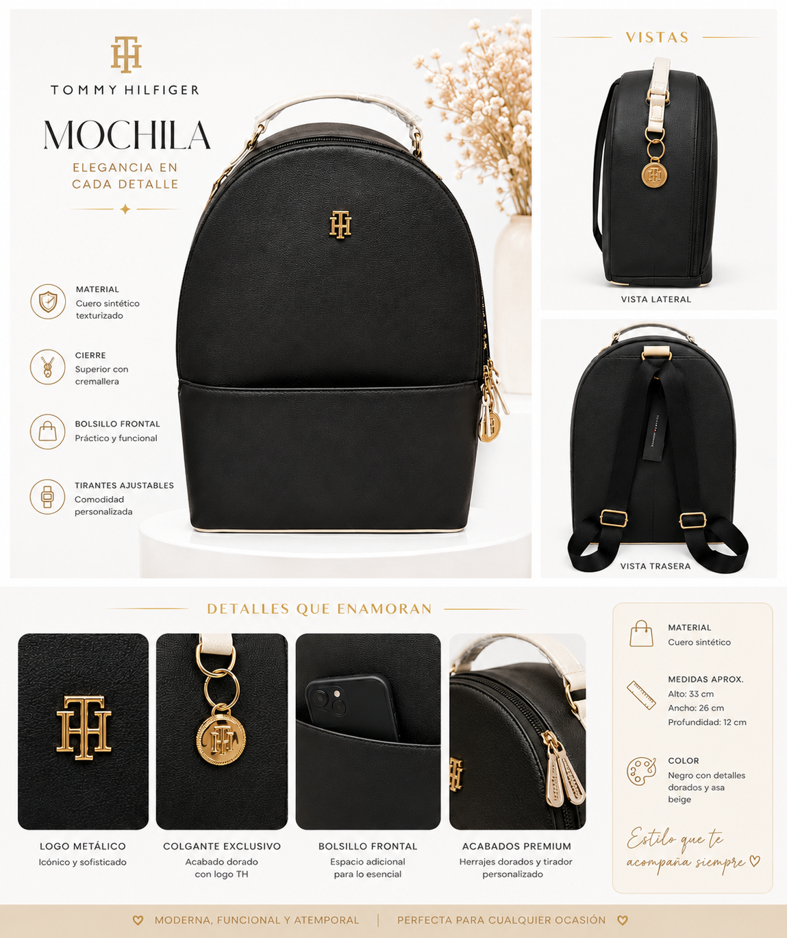 Mochila TH negra con detalles en blanco