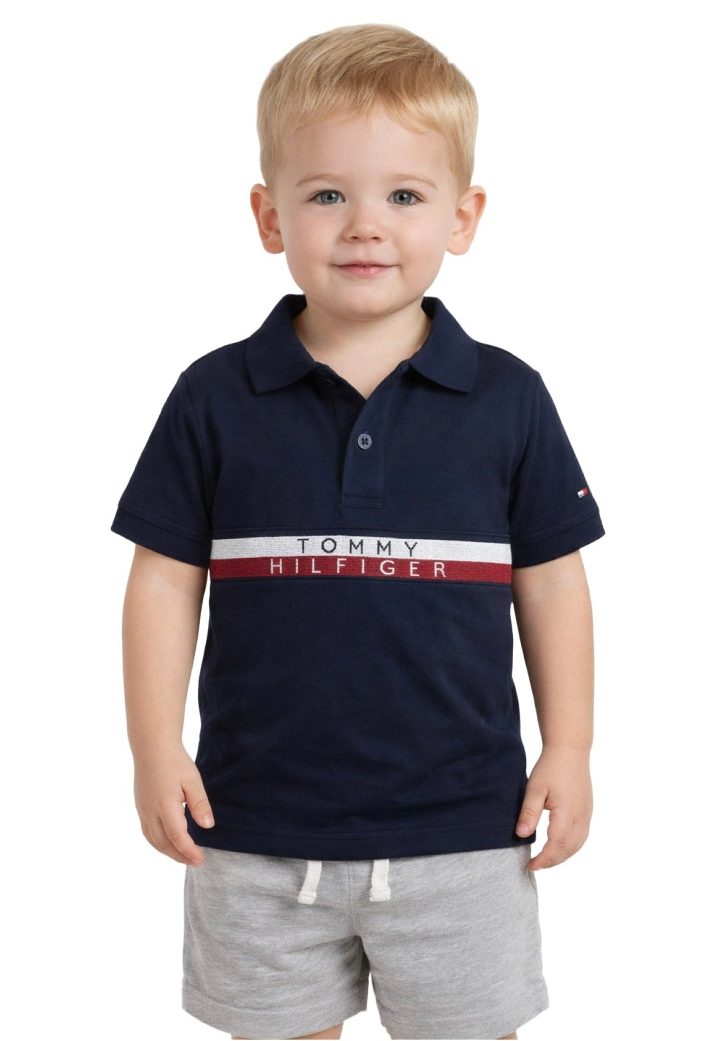 Camisa TH tipo polo azul raya roja blanco niño