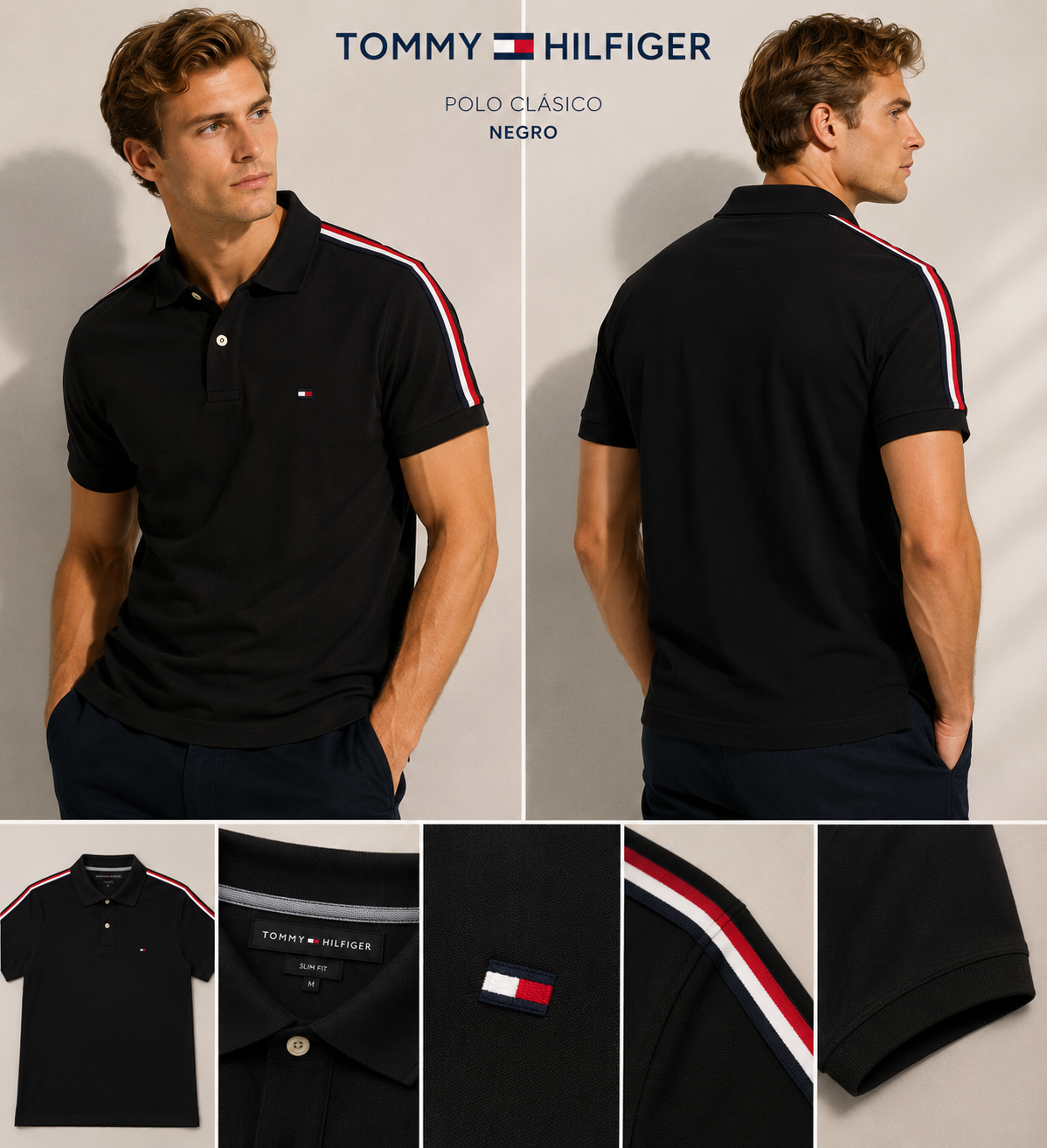 Camisa TH hombre tipo polo negra con detalles en los hombros