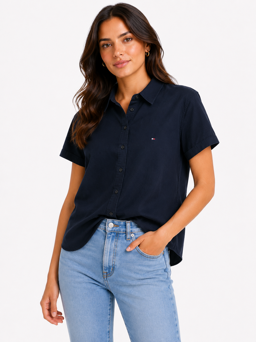 Blusa camisera TH manga corta azul oscuro