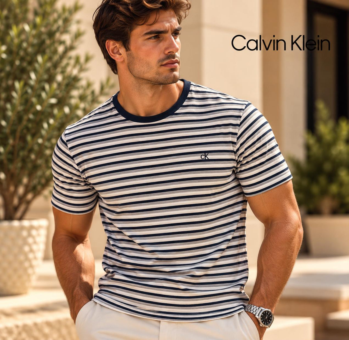 Camiseta CK blanca con rayas negras