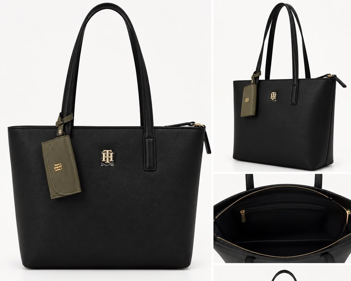Bolso TH grande negro con monedero verde olivo