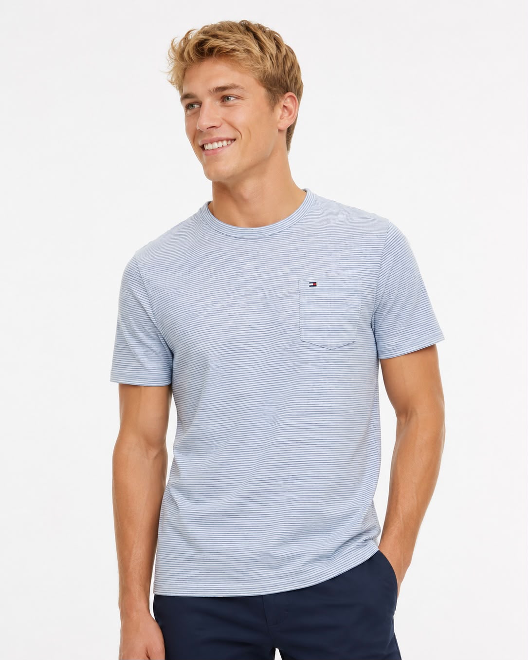 Camiseta TH gris con rayas y detalle de bolsa