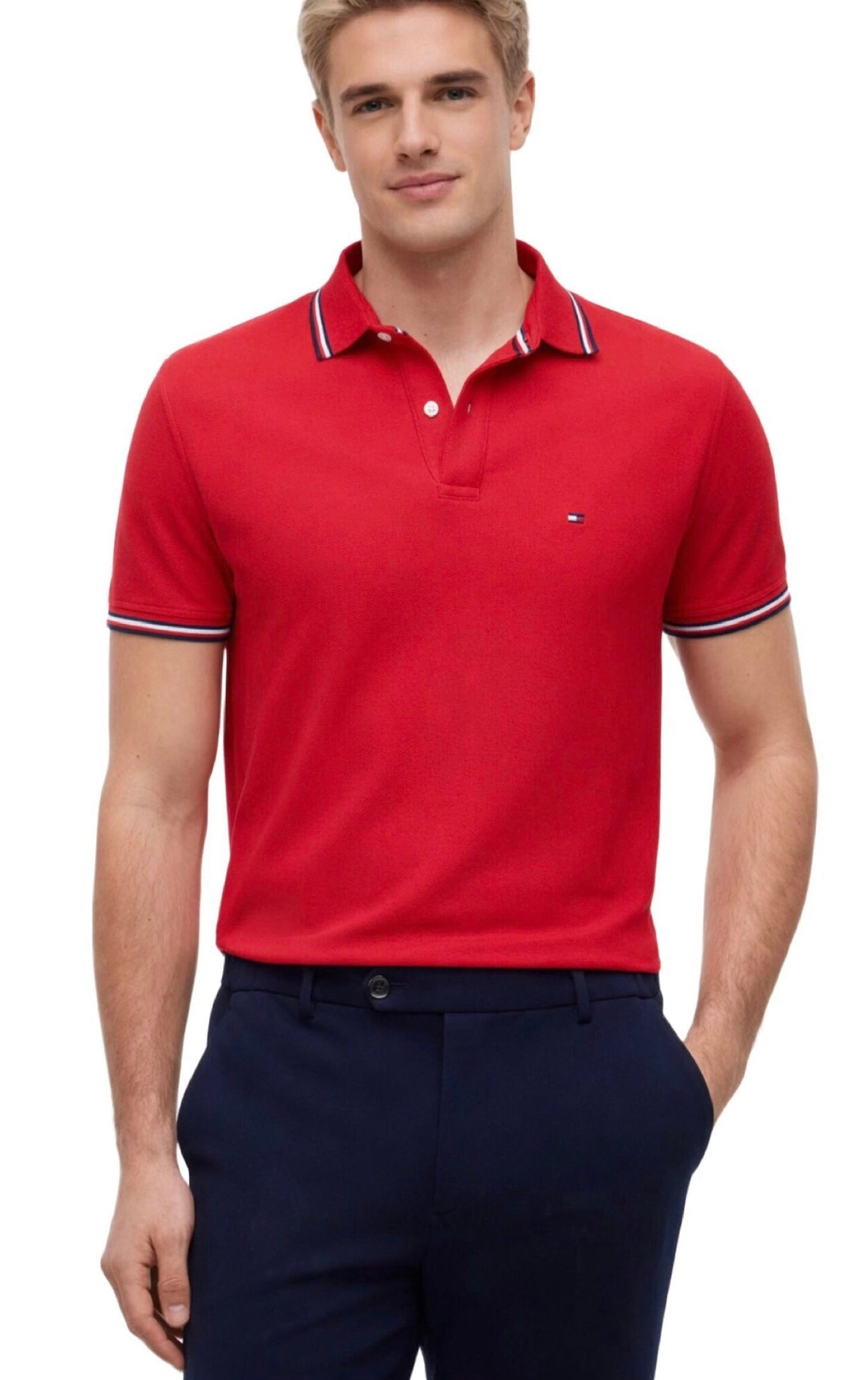Camisa hombre TH tipo polo roja con franjas en cuello y mangas
