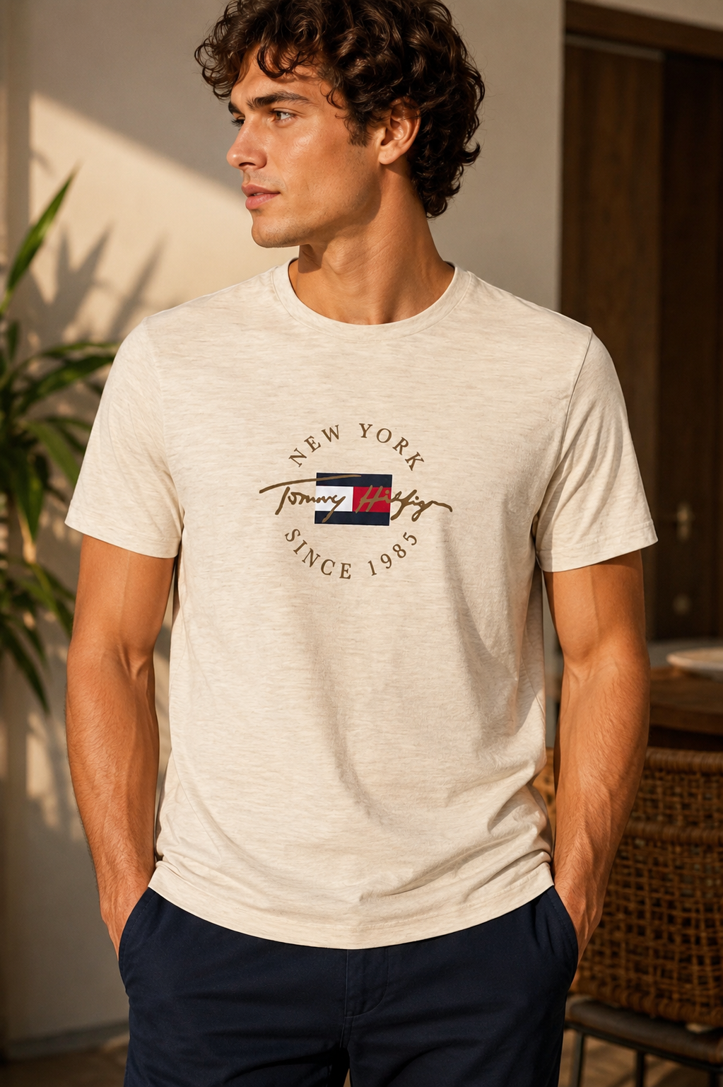 Camiseta TH beige con estampado
