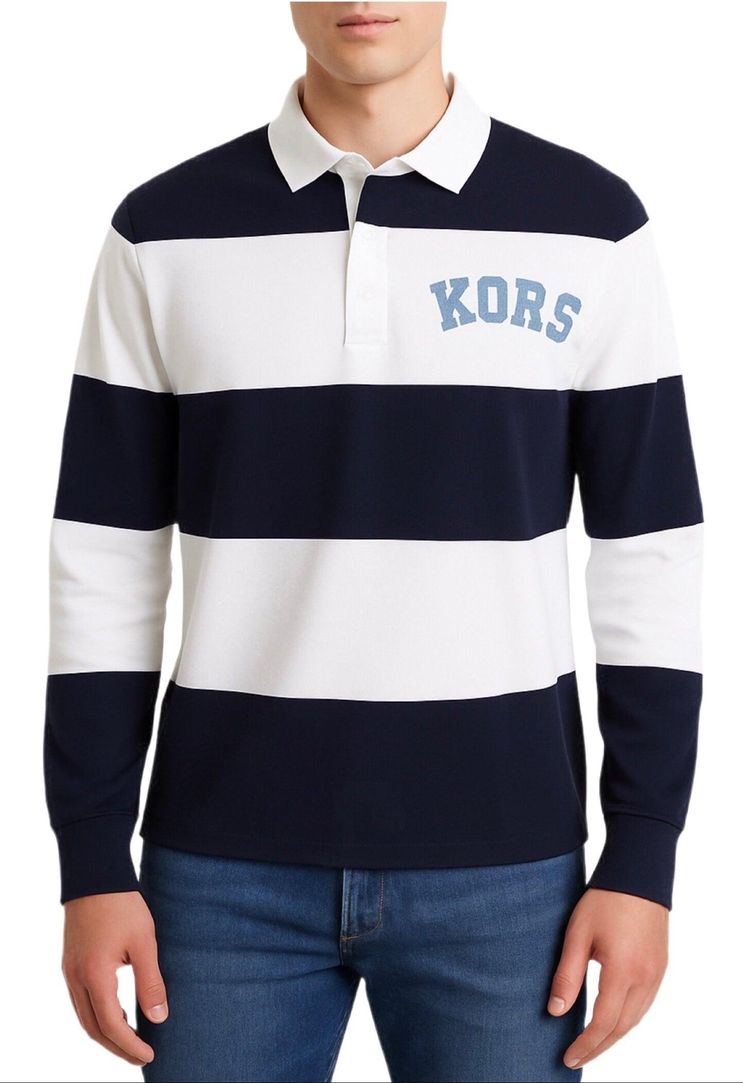 Camisa MK tipo polo manga larga rayas blanco y azul