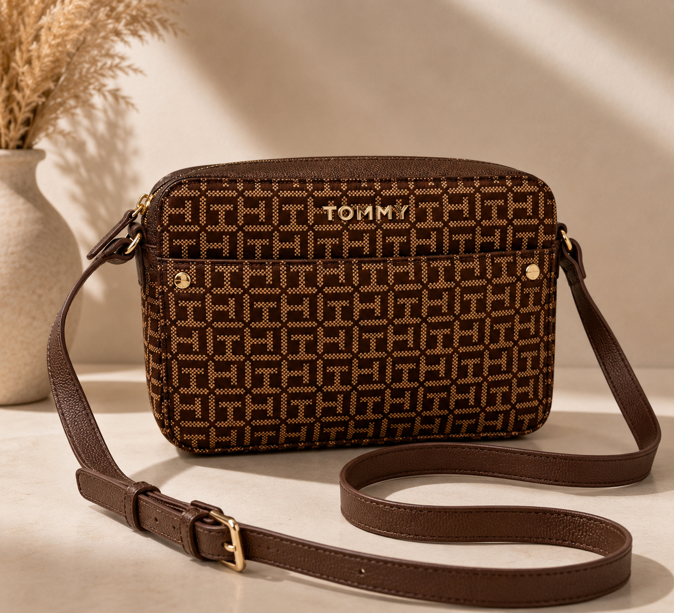 Bolso TH manos libres cafe estampado