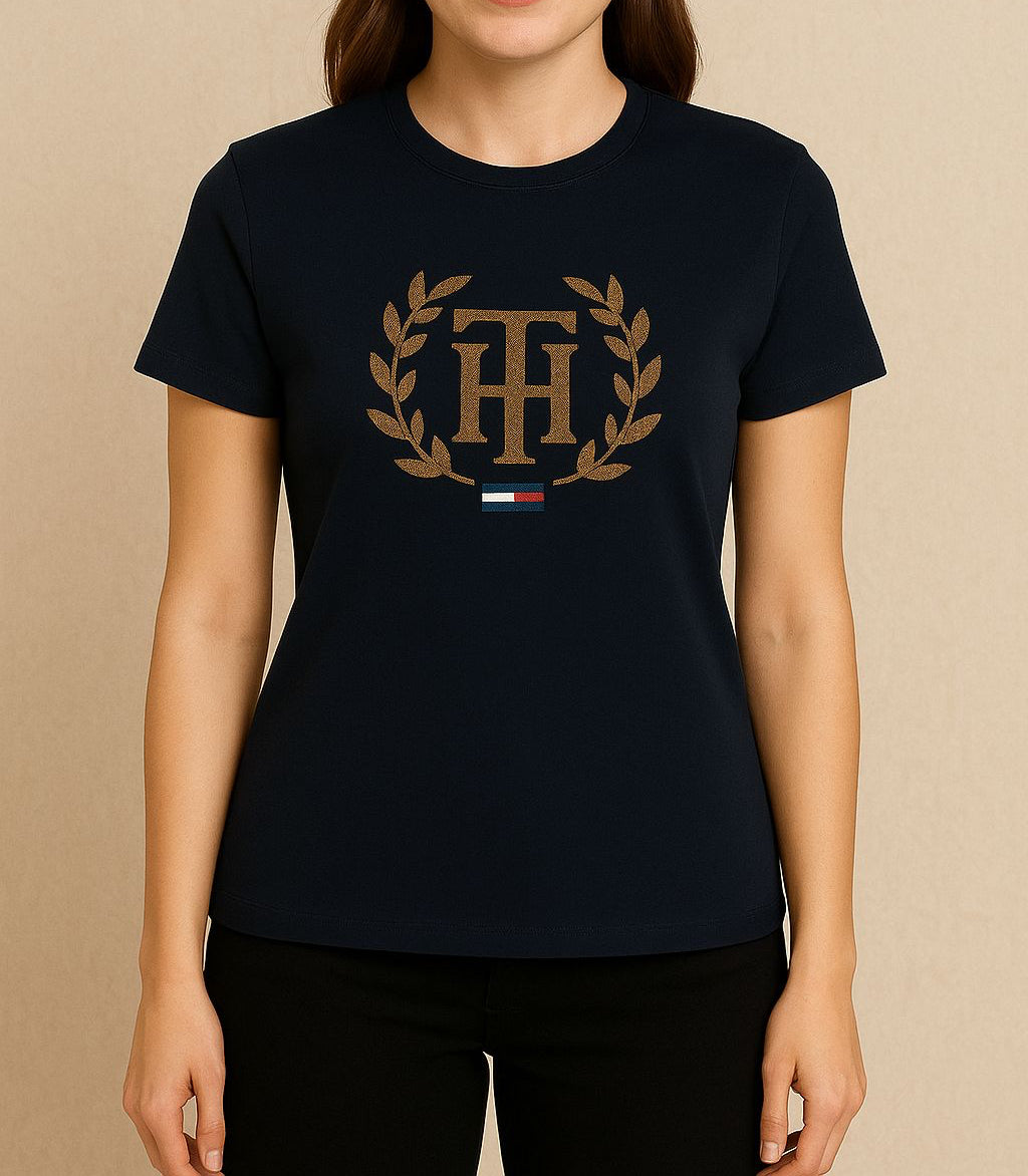 Blusa TH mujer azul con pedrería dorada