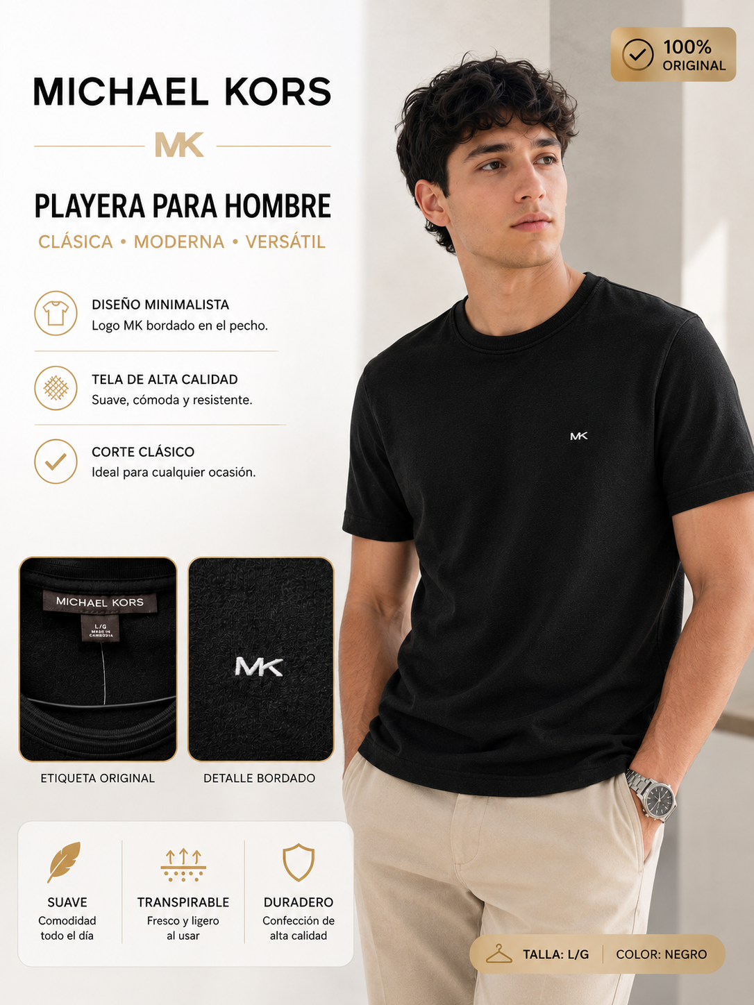 Camiseta MK negra tela con textura