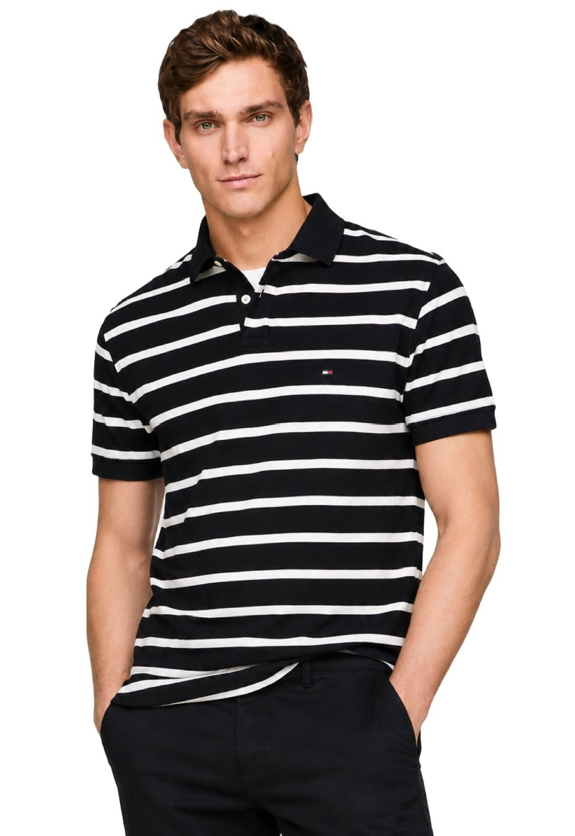 Camisa TH tipo polo negra con rayas blancas