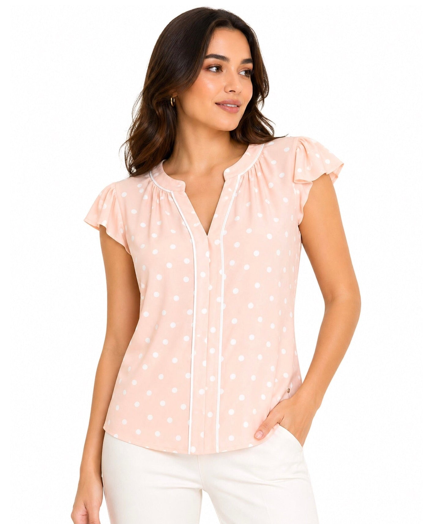 Blusa TH rosada con puntos blancos sin mangas