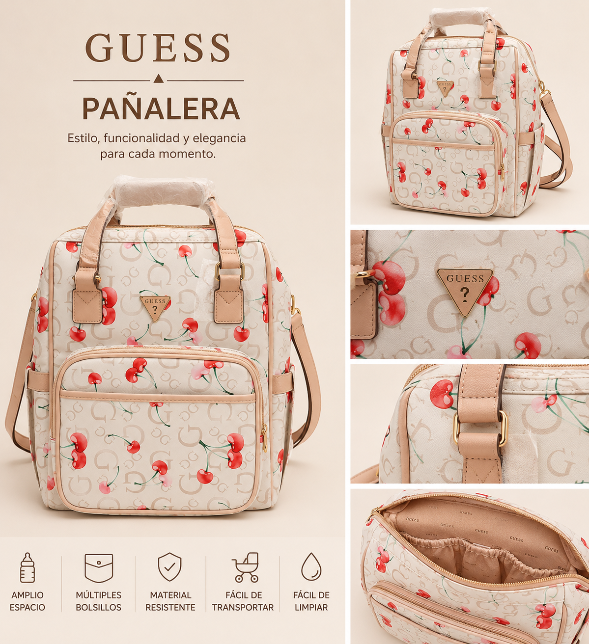Pañalera grande Guess beige con cerezas