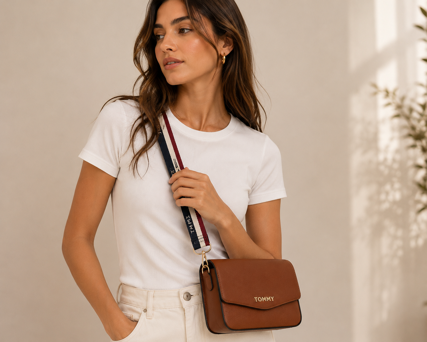 Bolso TH manos libres camel con correa estampada