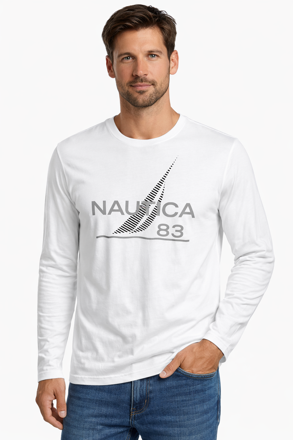 Camiseta Nautica manga larga blanco plateado hombre