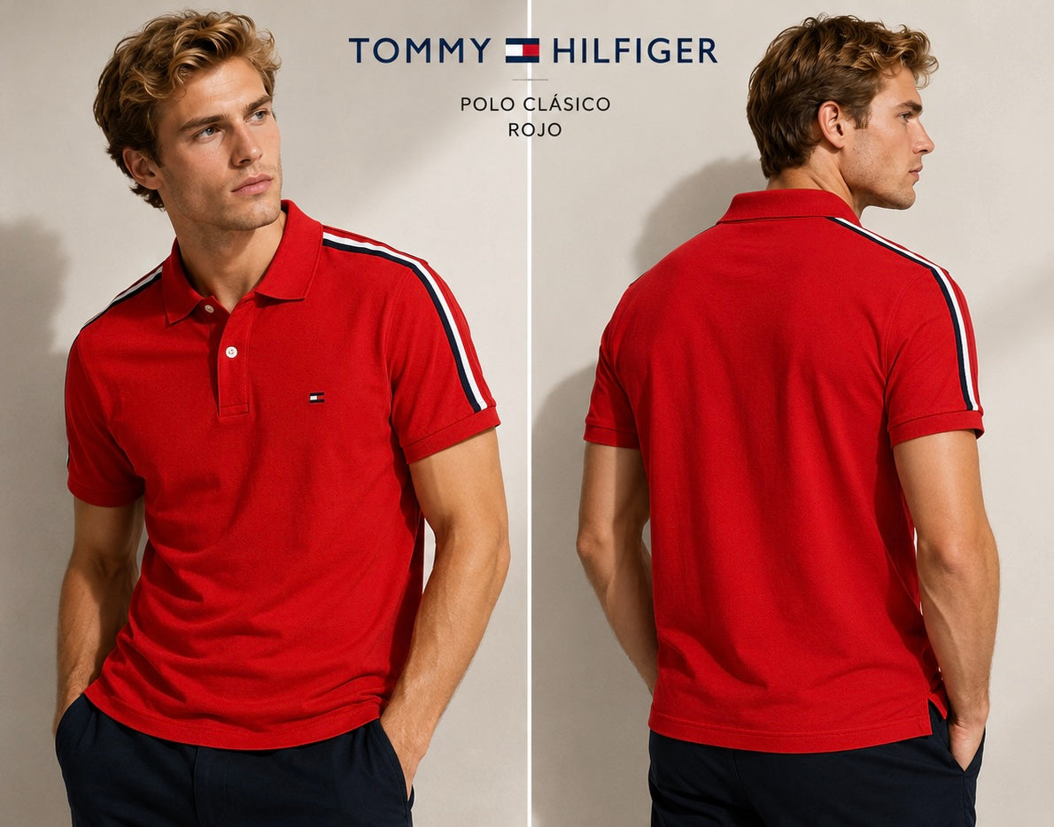Camisa TH hombre tipo polo roja con detalles en los hombros
