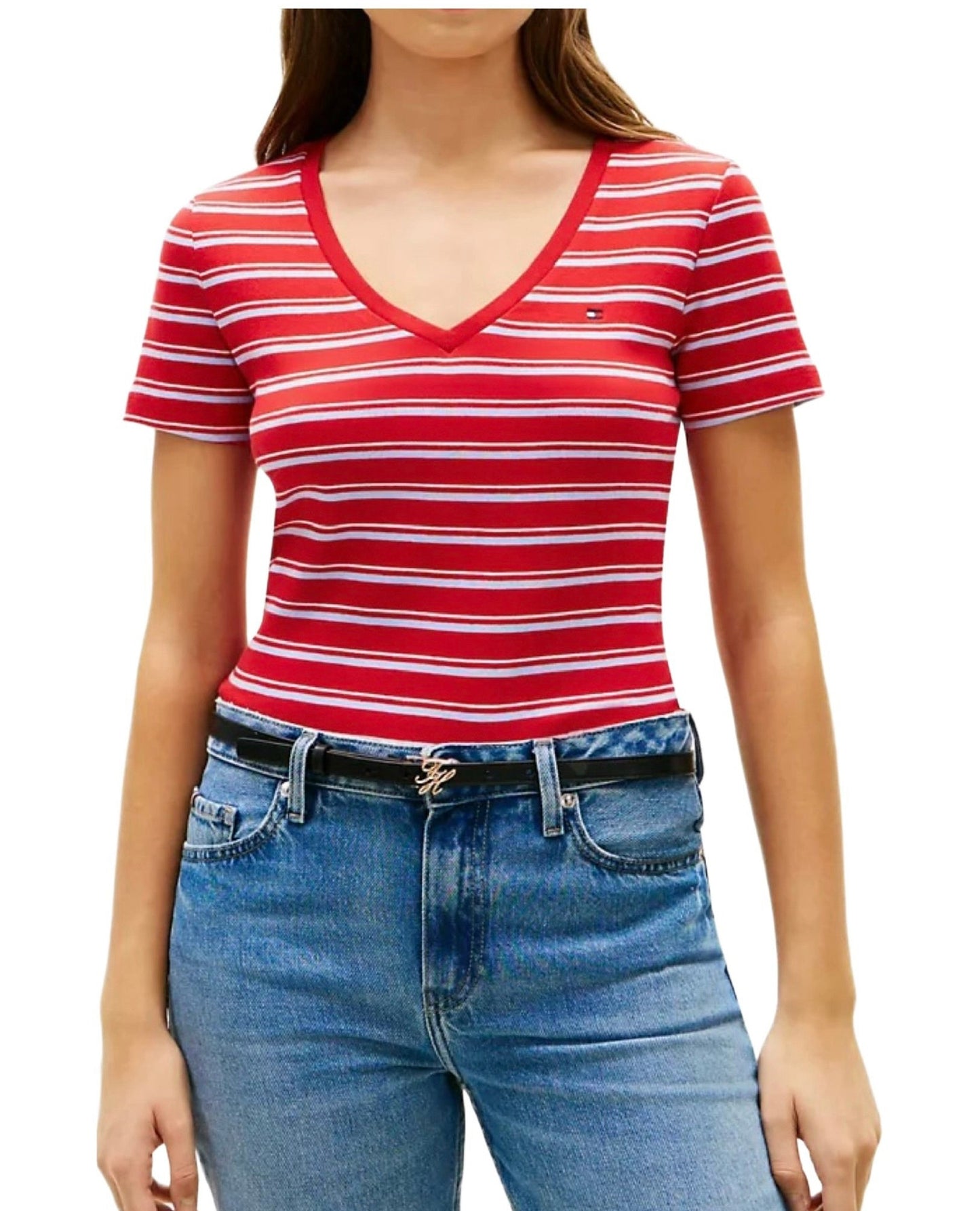 Blusa TH cuello V roja rayas celestes y blancas