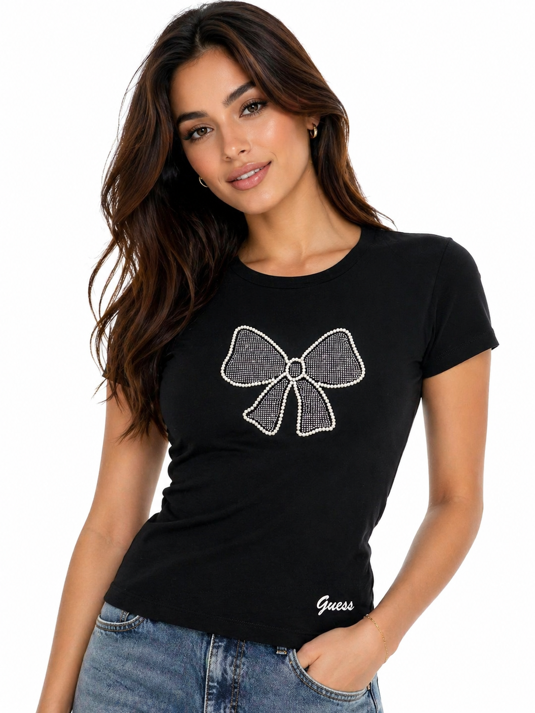 Blusa Guess negra con detalles en pedrería.