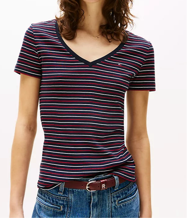 Blusa TH cuello V negra con rayas