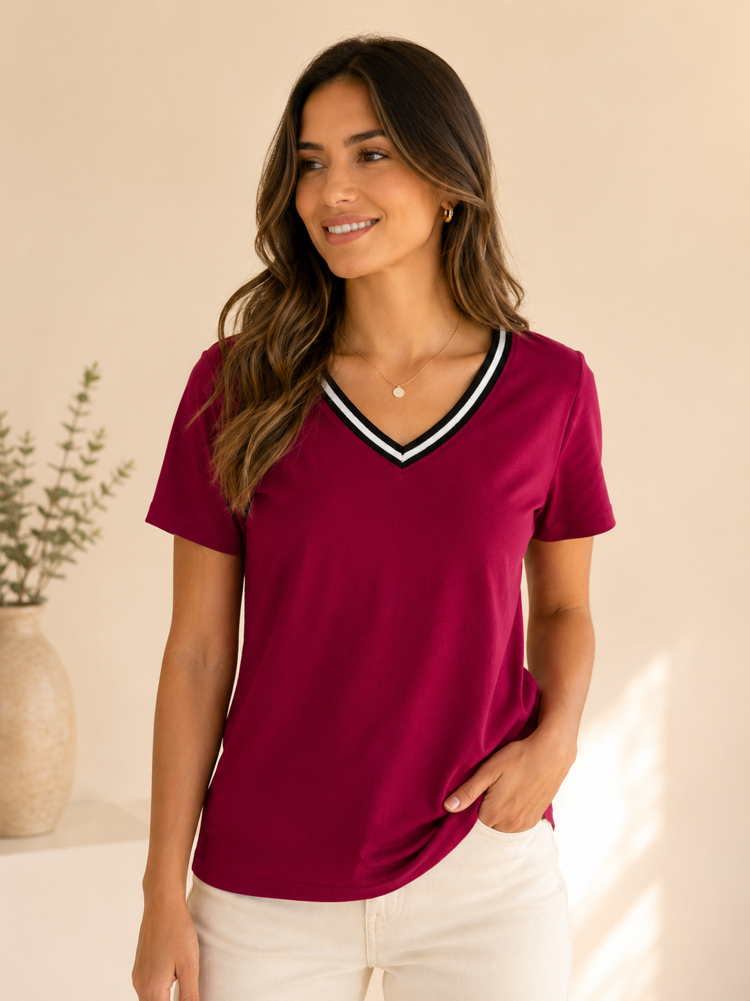 Blusa TH fucsia oscuro cuello V