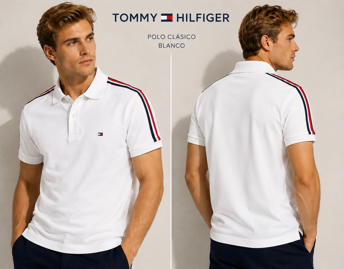 Camisa TH hombre tipo polo blanca con detalles en los hombros
