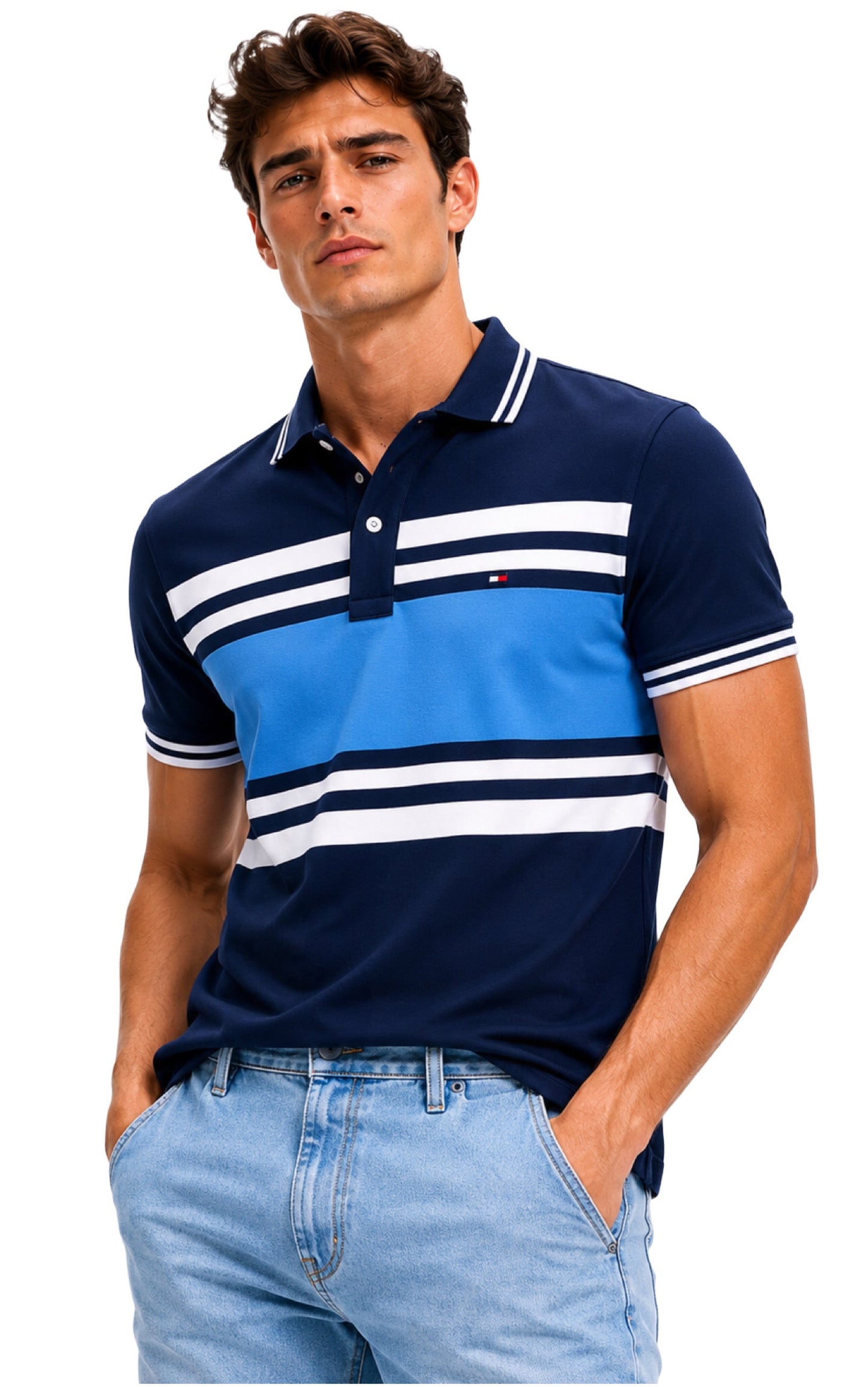 Camisa TH tipo azul con franjas en cuello y mangas