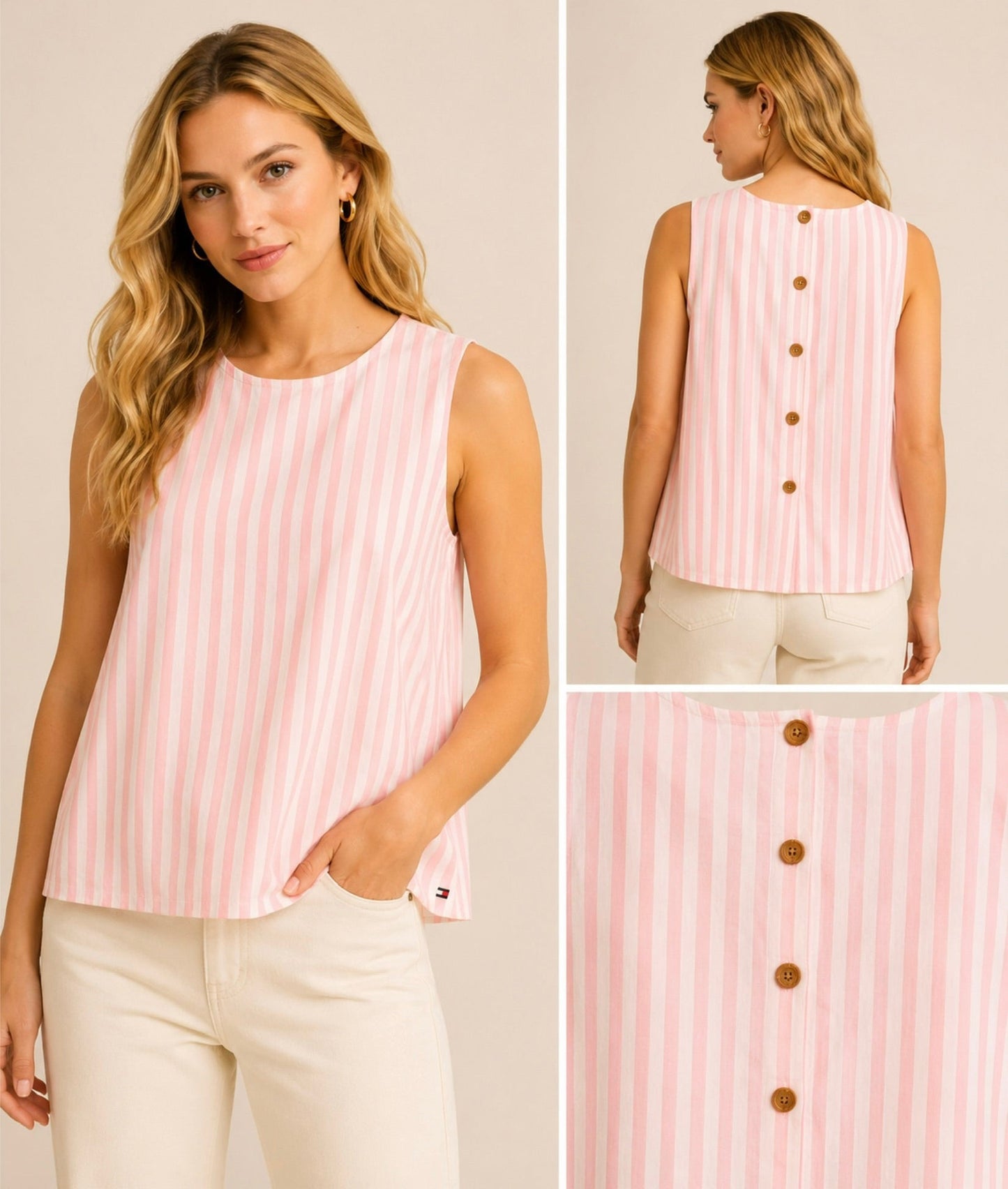 Blusa TH sin mangas de rayas rosada con detalle de botones en espalda