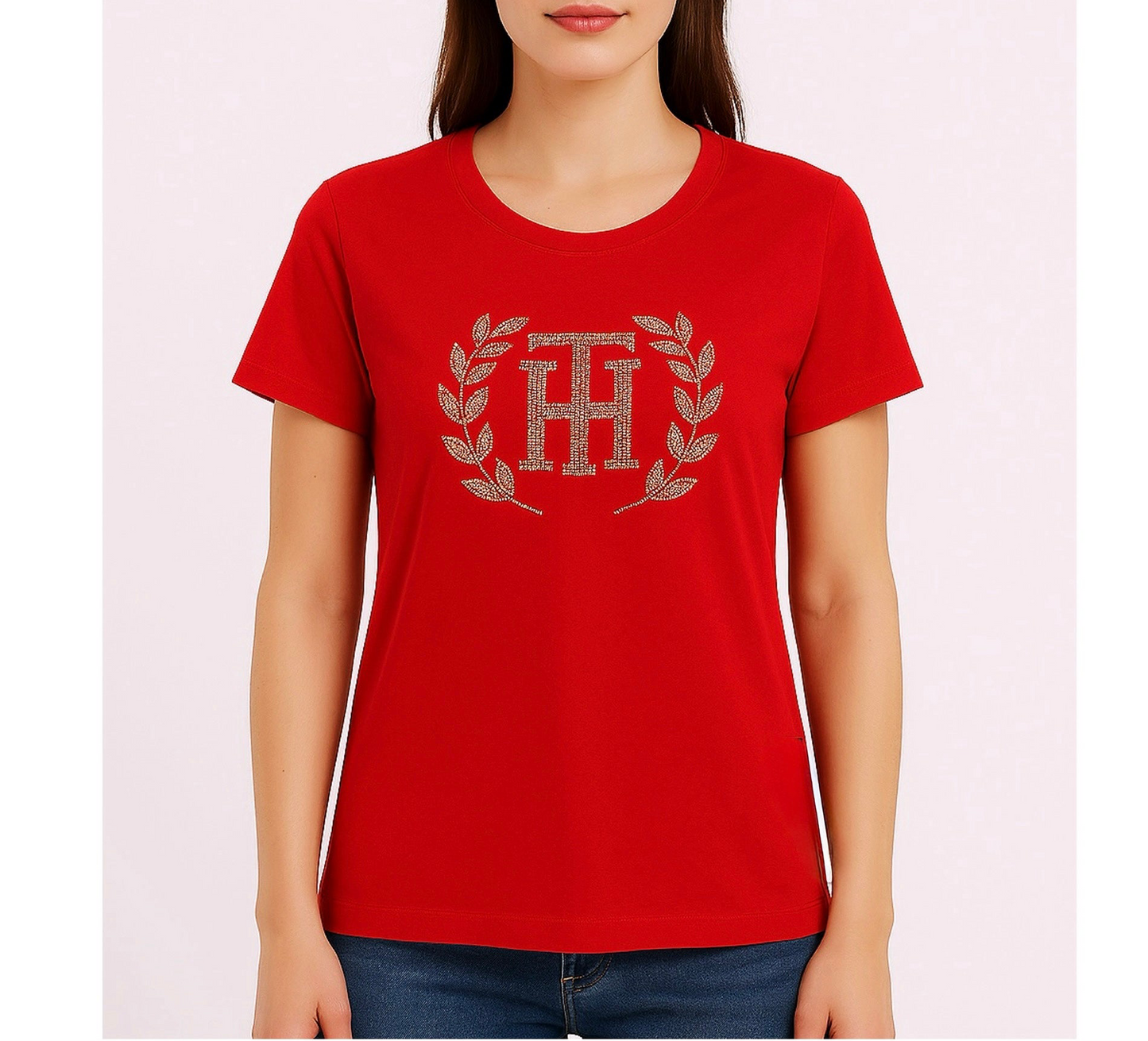 Blusa TH mujer rojo con pedrería dorada