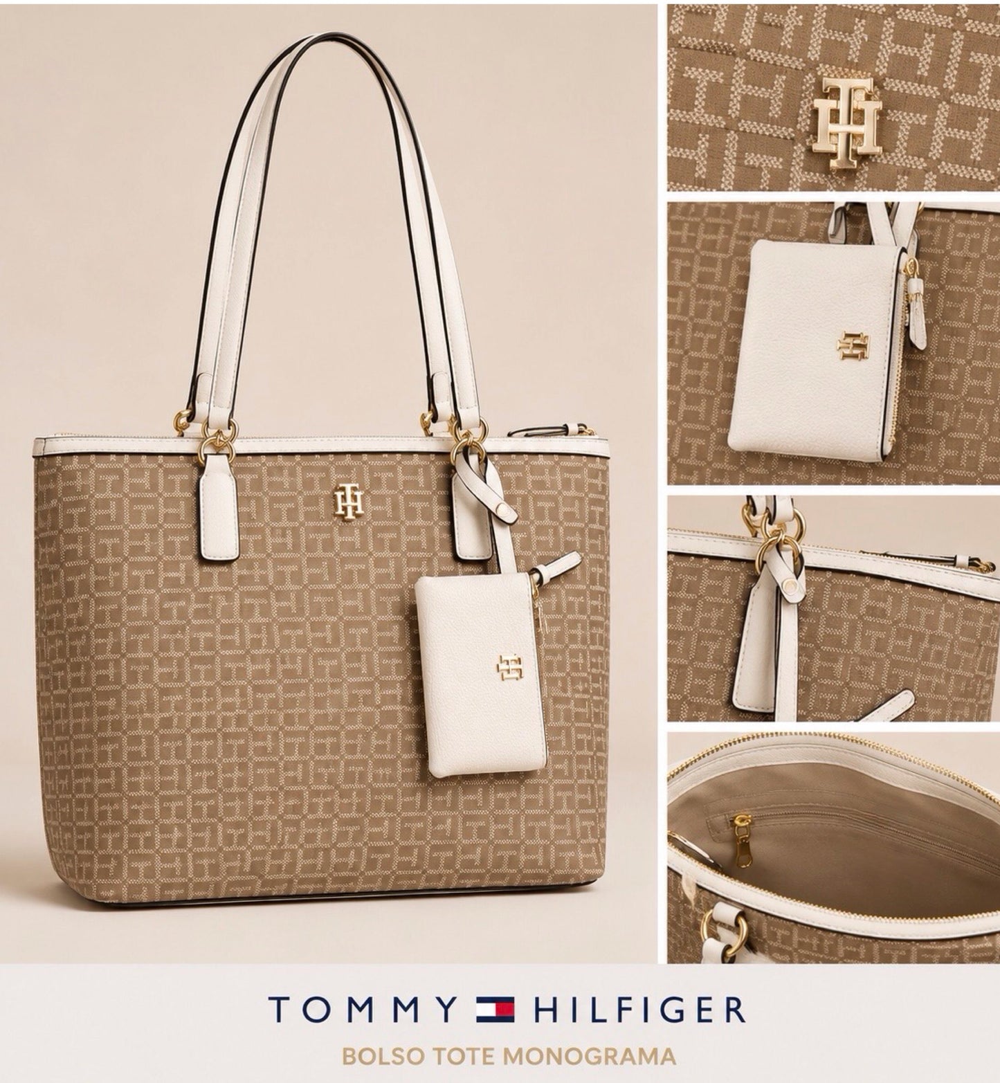 Bolso TH mediano con monedero beige con detalles en blanco