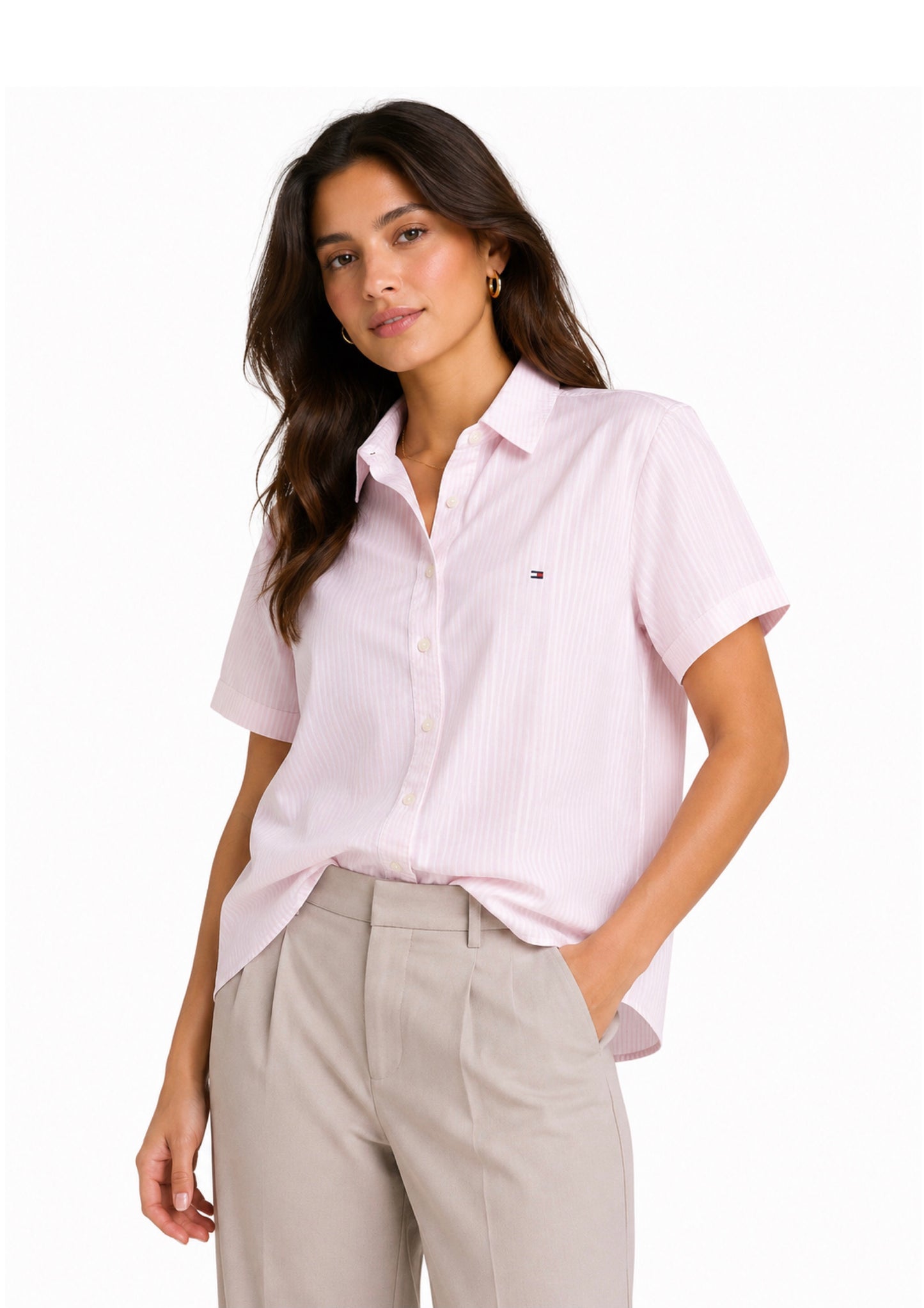 Blusa camisera TH manga corta rosada pastel rayas blancas