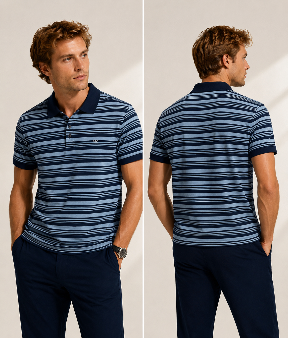Camisa MK tipo polo rayas celestes con azul