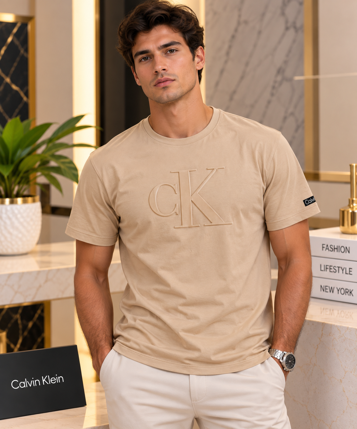 Camiseta CK beige detalle en relieve