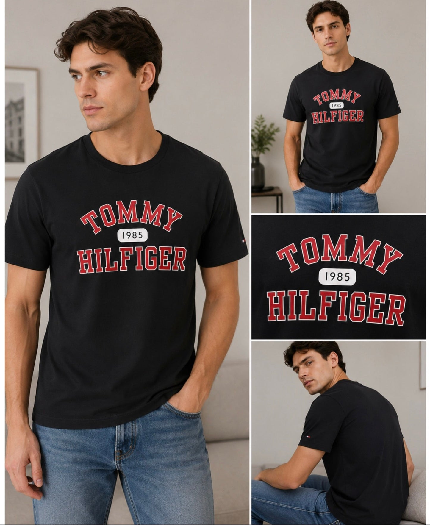 Camiseta TH hombre negra estampado rojo con blanco