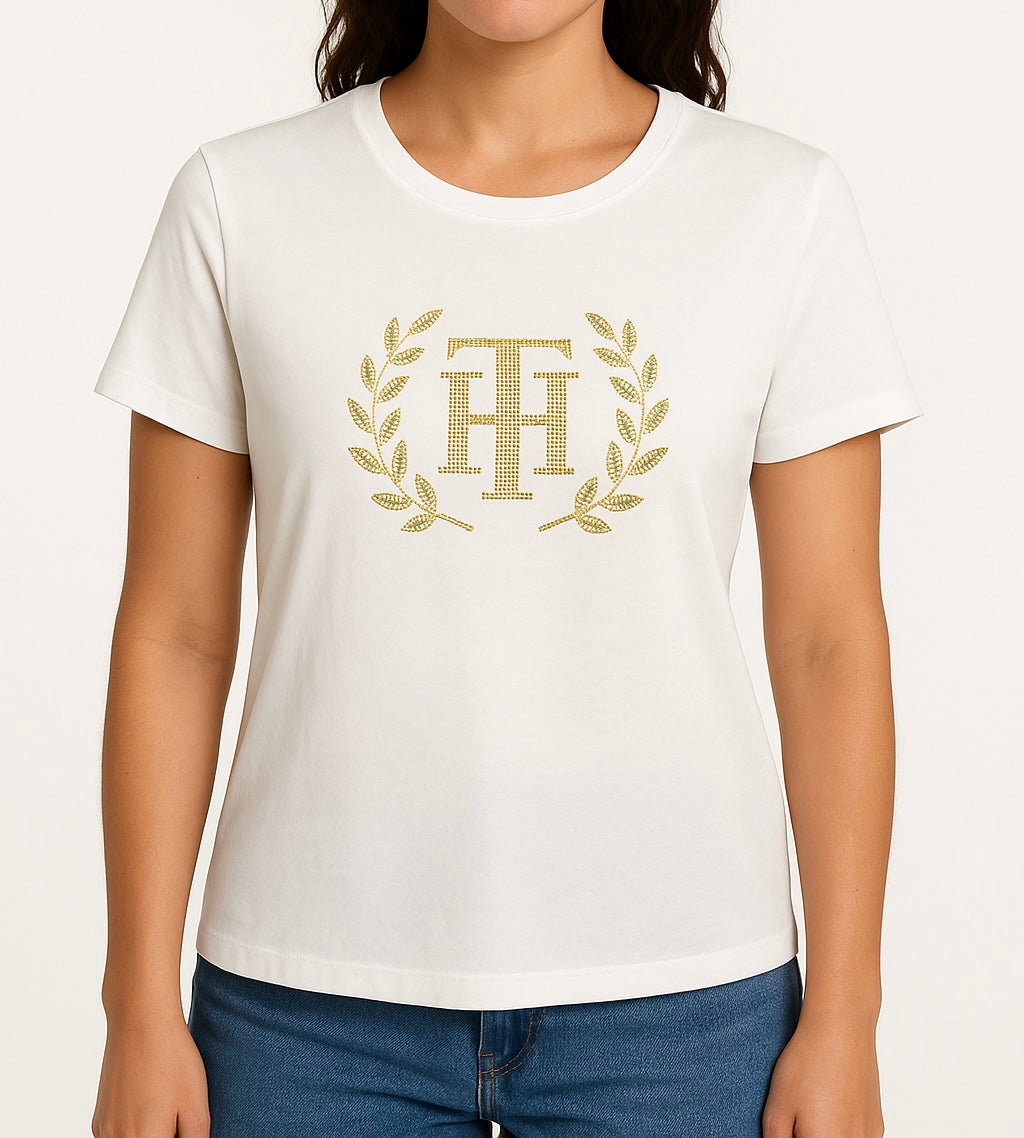 Blusa TH mujer blanca con pedrería dorada