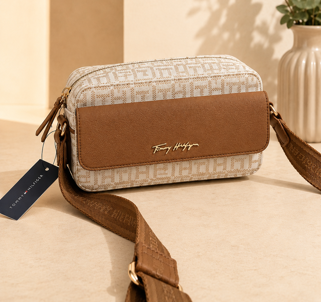 Bolso TH manos libres beige con estampado y detalles en camel