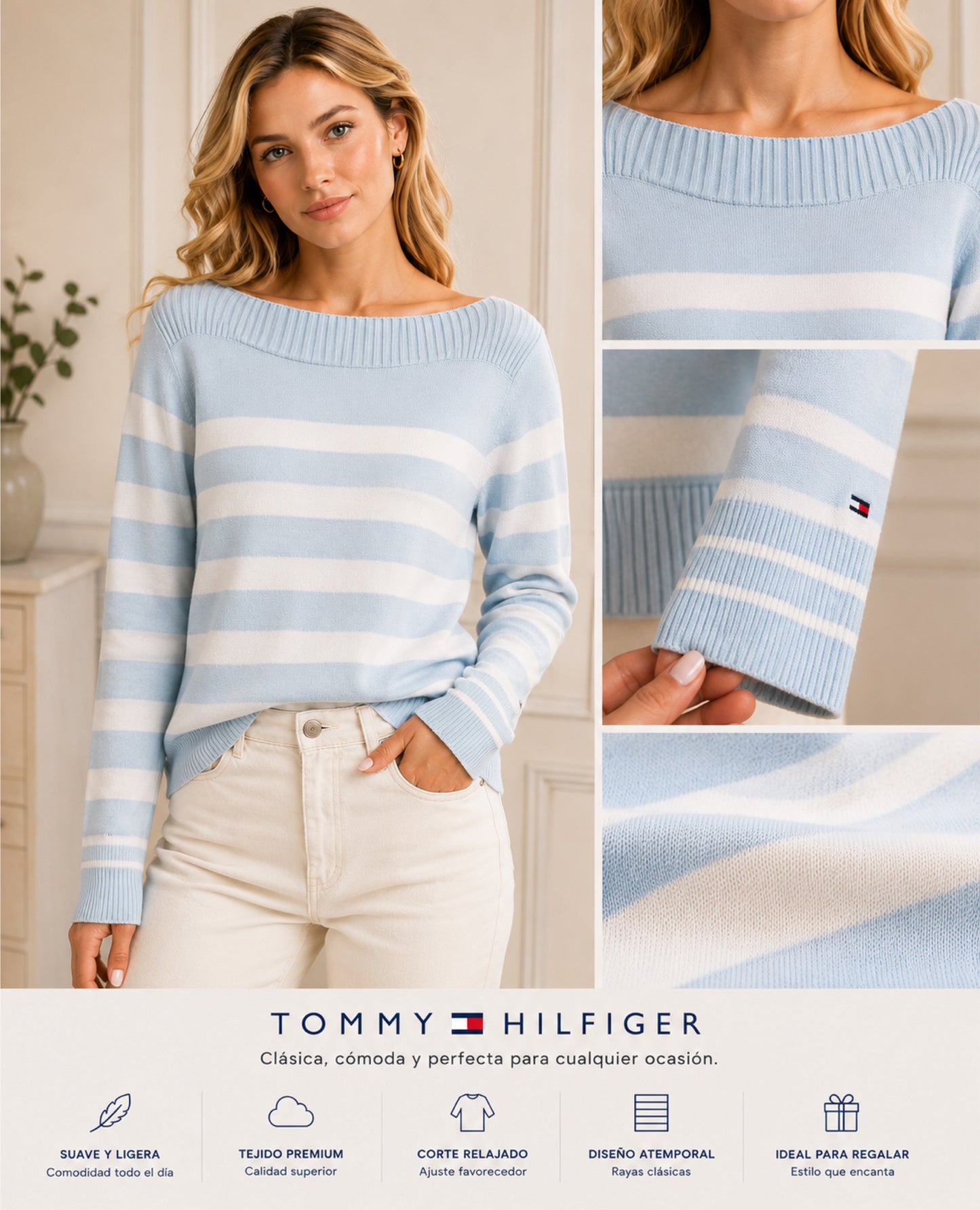 Blusa TH tejida celeste con blanco