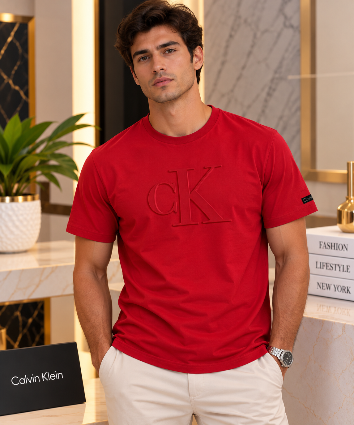 Camiseta CK roja detalle en relieve
