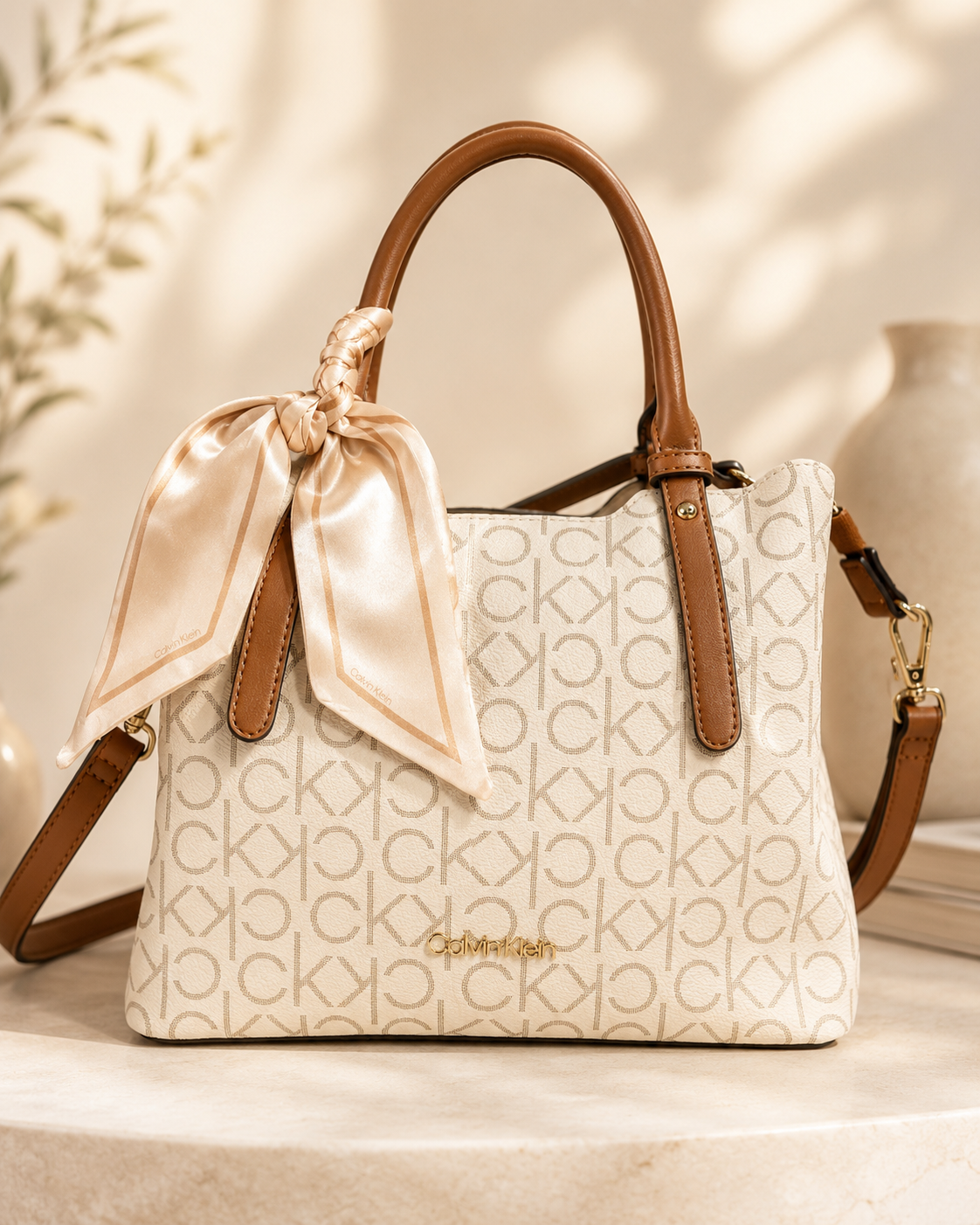 Bolso CK manos libres beige con pañuelo
