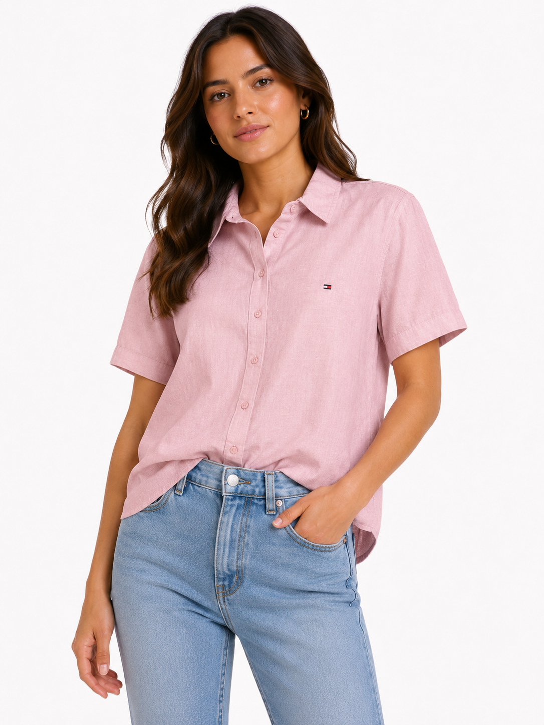 Blusa camisera TH manga corta palo rosa