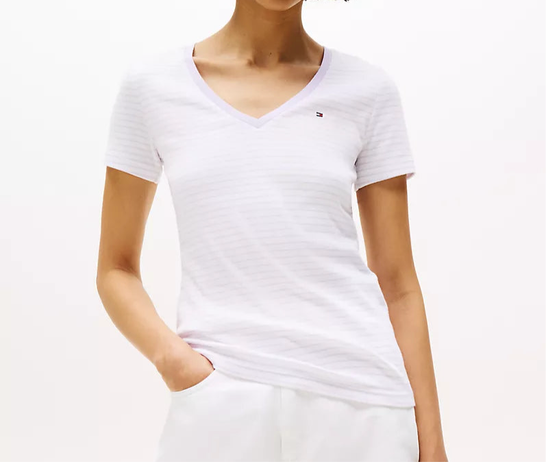 Blusa TH cuello V blanca con rayas lila