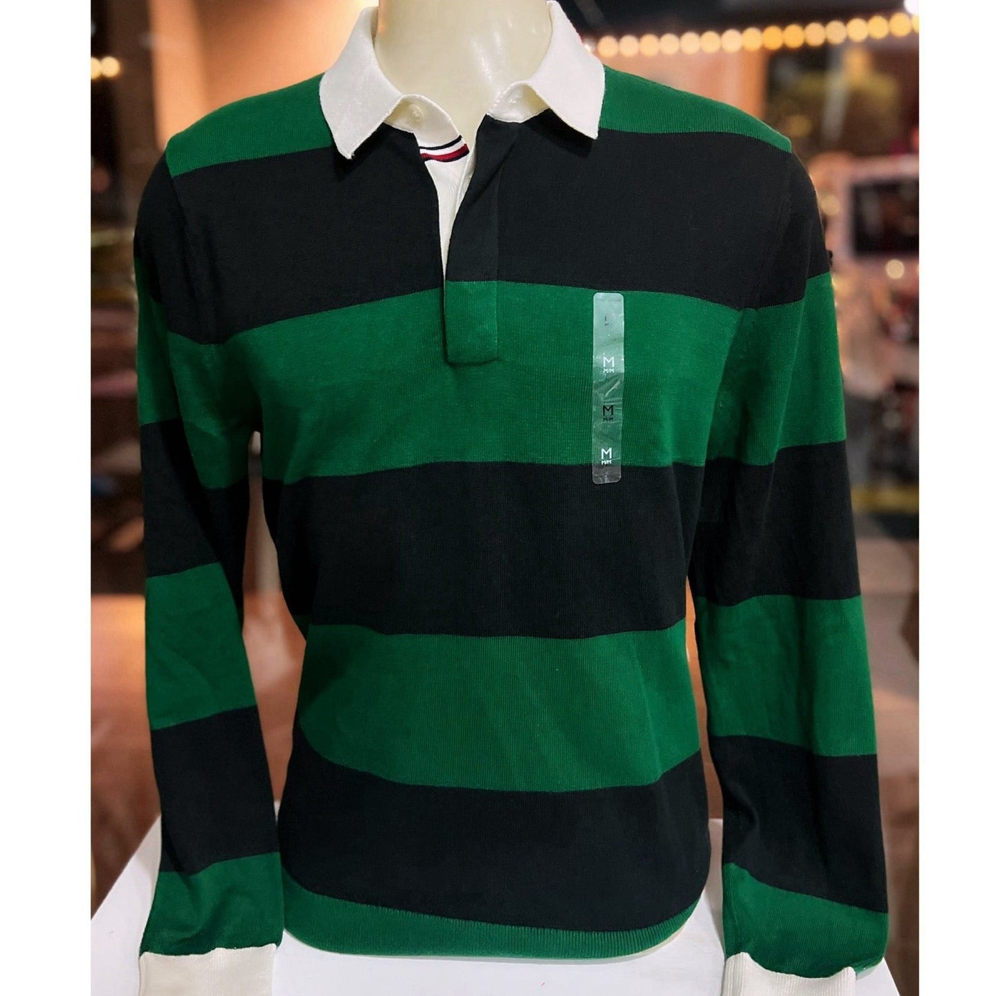 Camisa TH tipo polo manga larga rayas verde esmeralda y negro