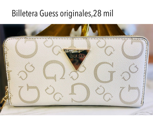 Billetera Guess blanca  beige print con zipper