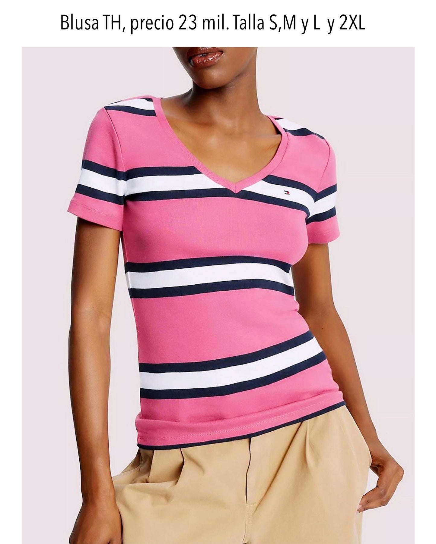 Blusa TH rayas rosado blanco azul cuello V