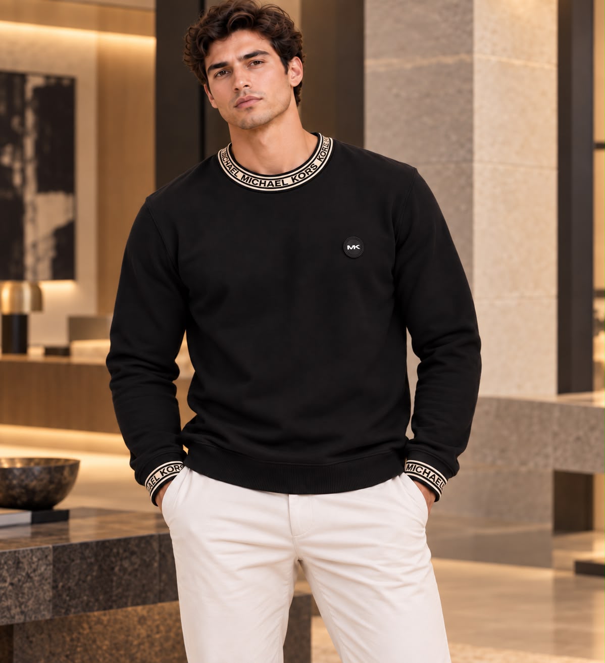 Suéter MK hombre, negro con detalle en mangas y cuello