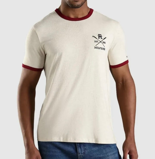 Camiseta TH Beige con cuello rojo