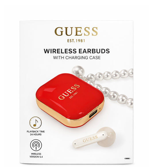 Audifonos Guess estuche rojo y dorado