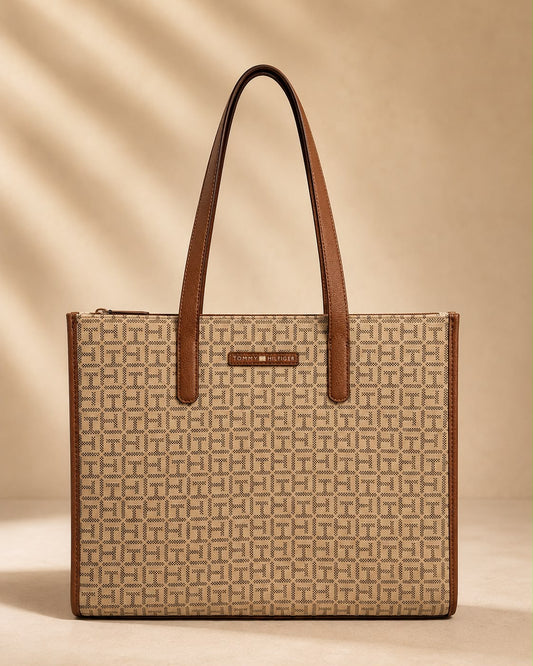 Bolso TH grande cuadrado beige con estampado cafe