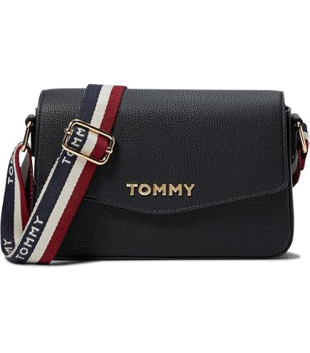 Bolso TH manos libres negro con tiras estampadas