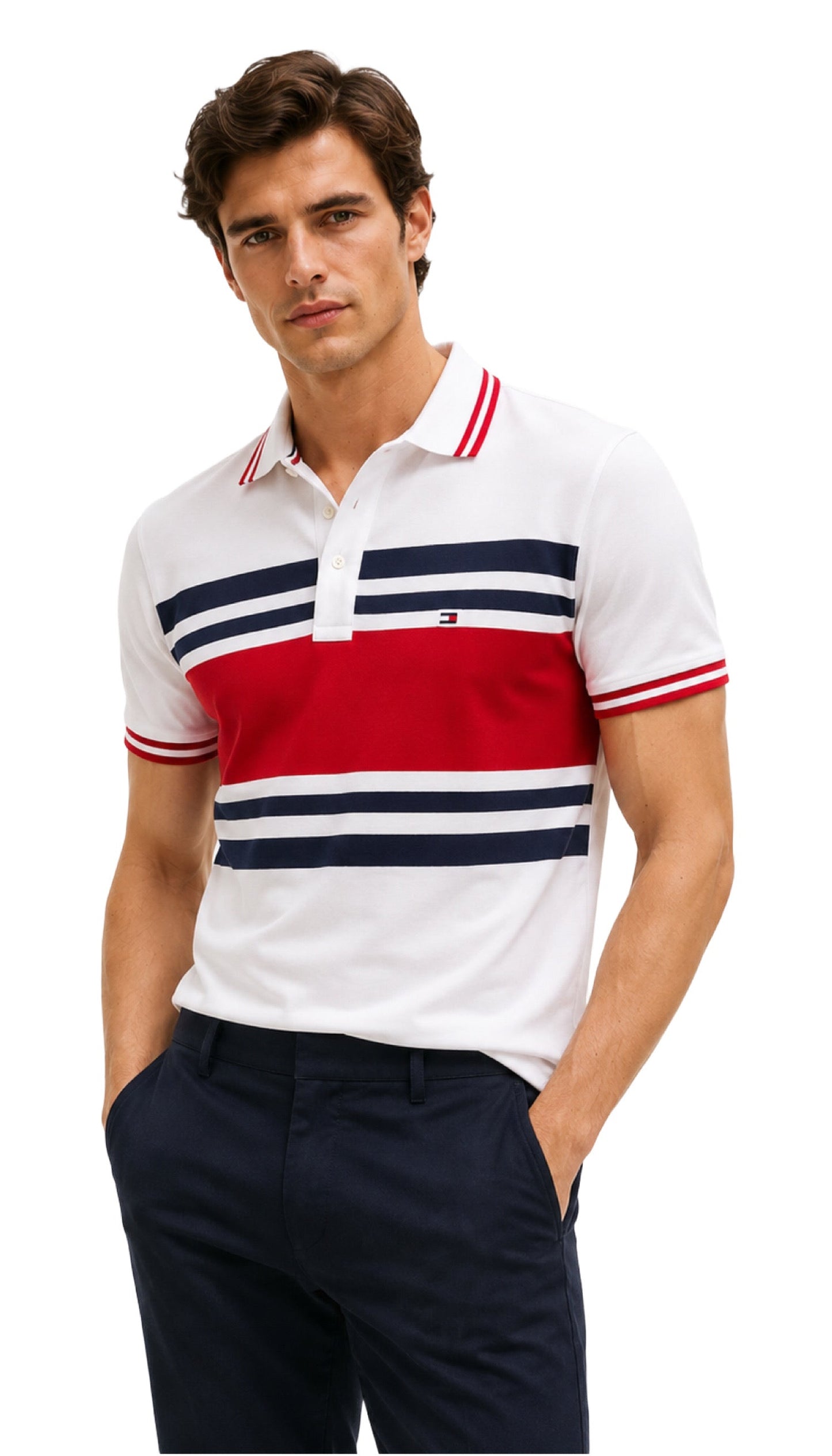 Camisa TH tipo polo blanca franja roja y azul