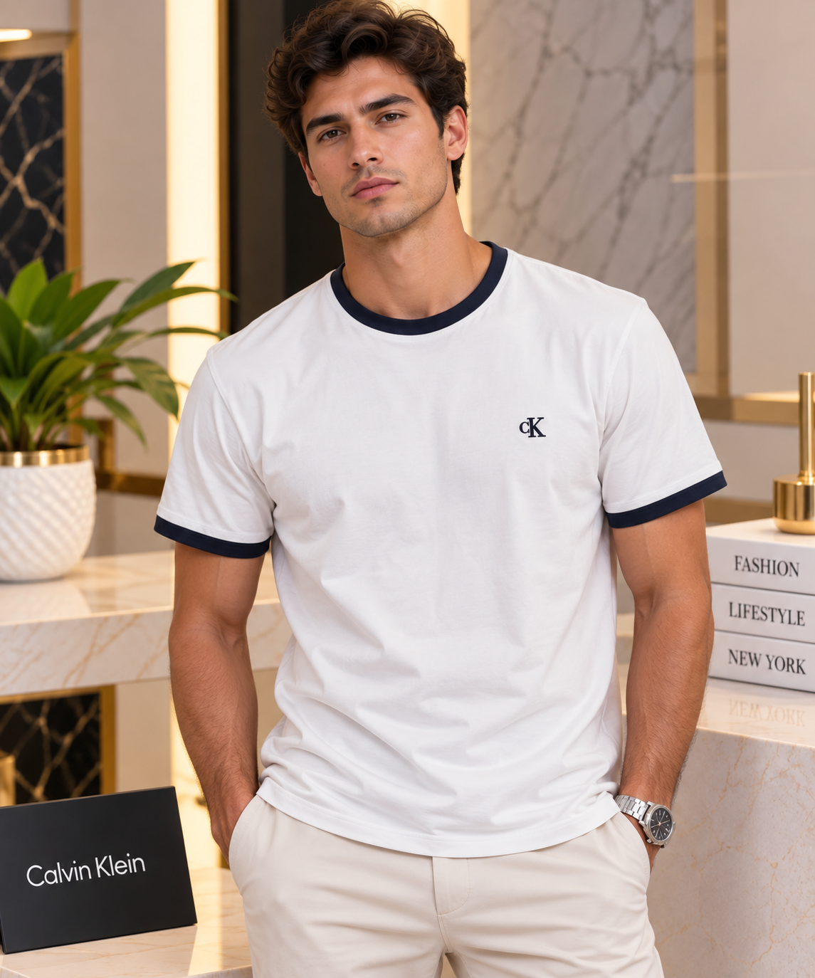 Camiseta CK blanca con detalle en cuello y mangas en azul oscuro