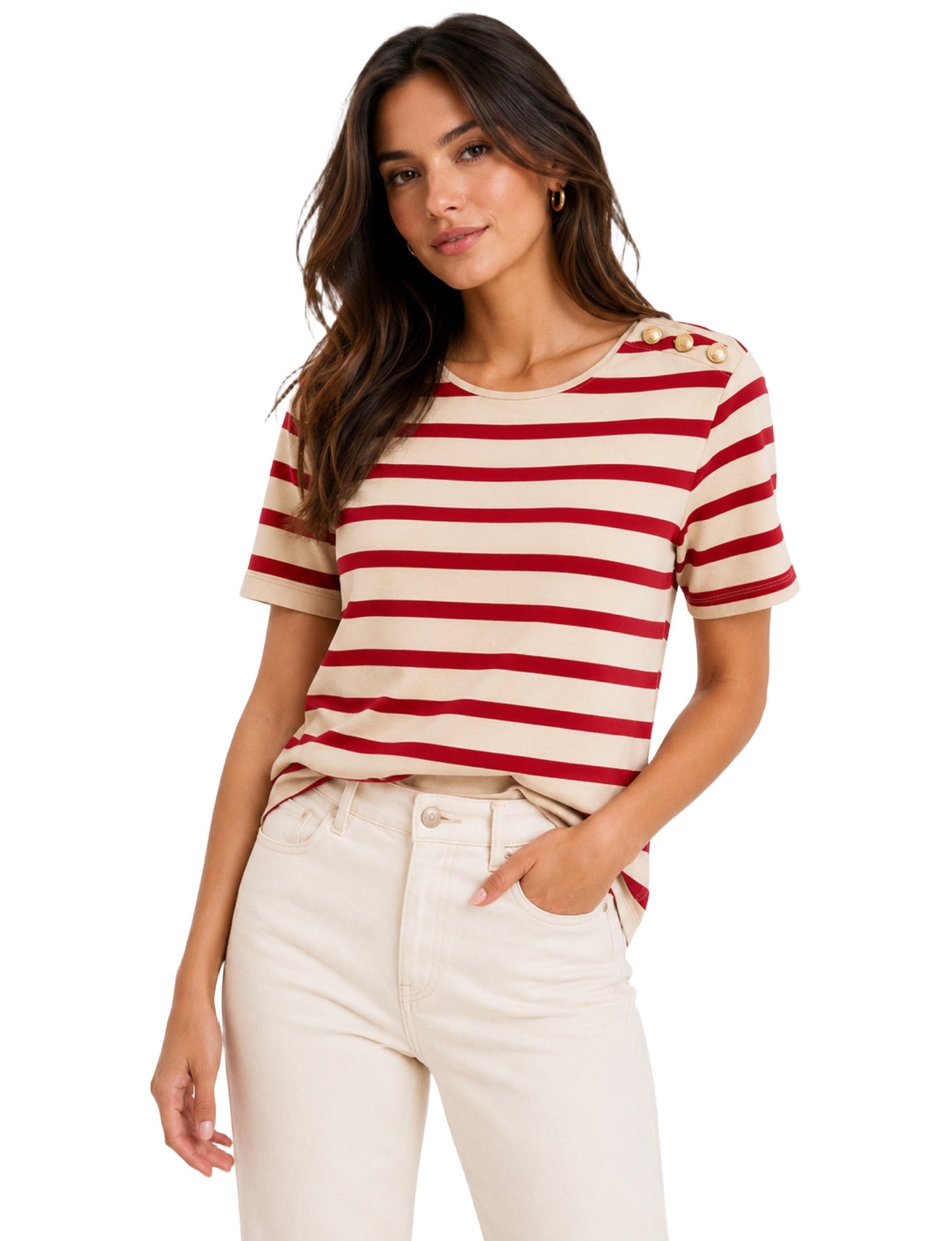 Blusa TH rayas Rojas y beige con botones en hombros